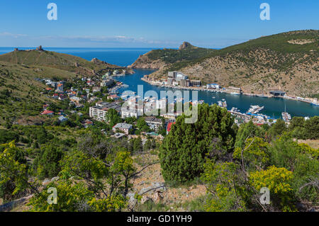 Balaklava is a popular Crimean resort. Balaklava bay former submarine base. Stock Photo