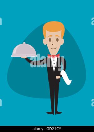 A welcoming stylised waiter character holding a serving platter or silver cloche Stock Vector