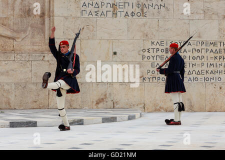 Evzone soldiers, Changing the Guard, Tomb of the Unknown Soldier, Parliament Building, Syntagma Square, Athens, Greece, Europe Stock Photo