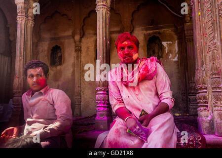 Man covered in red pigment, Holi Festival, Vrindavan, Uttar Pradesh, India, Asia Stock Photo