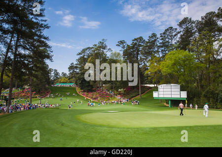 6th green and tee beyond at Augusta National Golf Club during the US Masters golf tournament, Augusta, Georgia, USA Stock Photo