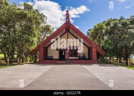 Maori Meeting House, Waitangi Treaty Grounds, Bay of Islands, Northland Region, North Island, New Zealand, Pacific Stock Photo