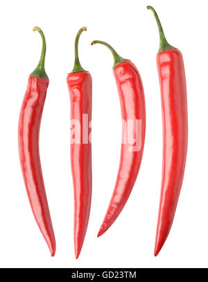 Collection of various red hot chili peppers isolated on white background with clipping path Stock Photo