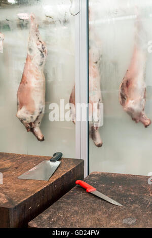 Lamb meat in refrigerated display in a butcher shop. Stock Photo