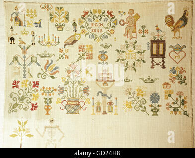 fine arts, embroidery, pattern cloth, silk yarn on linen, Northern Germany, 1808, Museum of European Cultures, Berlin, , Artist's Copyright has not to be cleared Stock Photo