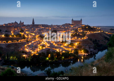 Cityscape at dusk, Toledo, Castile-La Mancha, Spain, Europe Stock Photo