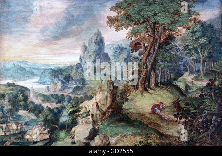 fine arts, painting, miniature, School of Jan Brueghel the Elder, 'Parable of the Good Samaritan', oil on canvas, Flanders, circa 1600, Bavarian National Museum, Munich, , Artist's Copyright has not to be cleared Stock Photo