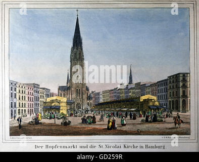 geography / travel, Germany, Hamburg, hop market and chuch Saint Nikolai, view, lithograph, published by D. M. Kanning, Hamburg, circa 1840, Additional-Rights-Clearences-Not Available Stock Photo