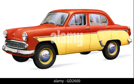 transport / transportation,car,vehicle variants,small car Moskvitch 407,four-seater,Soviet car maker MZMA,Moscow,was produced until 1963,V4 four-stroke engine,cylinder capacity: 1360 cubic centimetre,45 horsepower,four-door,sheet steel car body,maximum speed: 115 kph,column gear change,bicolored painted,red yellow,USSR,1958,small,Russian,Eastern bloc,clipping,cut out,cut-out,cut-outs,1950s,50s,motor car,auto,passenger car,motorcar,motorcars,autos,passenger cars,autocar,automobile,autocars,automobiles,power-driven vehicle,,Additional-Rights-Clearences-Not Available Stock Photo