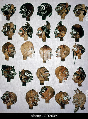 fine arts, China, Chinese shadow puppetry, shadow puppet, Szechuan style, heads, 19th century, municipal museum Munich, , Artist's Copyright has not to be cleared Stock Photo