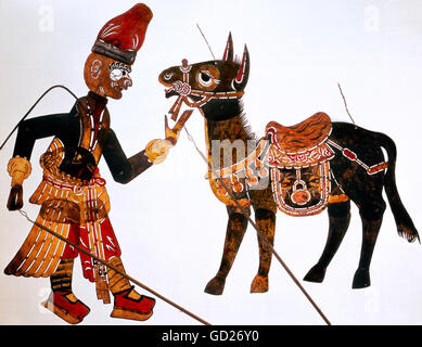 fine arts, China, Chinese shadow puppetry, shadow puppet, Szechuan style, badman and saddled donkey, vellum, coloured, 19th century, municipal museum Munich, , Artist's Copyright has not to be cleared Stock Photo