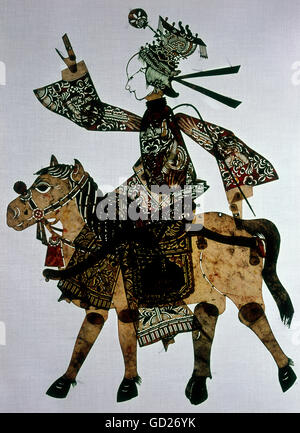 fine arts, China, Chinese shadow puppetry, shadow puppet, Szechuan style, fairy riding on horse, vellum, coloured, with moveable parts, real hair tail, 18th century, municipal museum Munich, , Artist's Copyright has not to be cleared Stock Photo