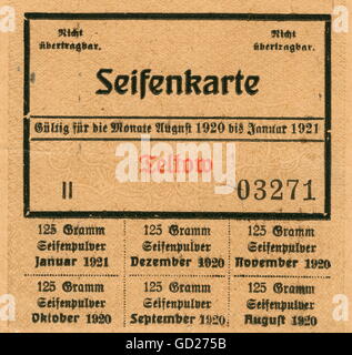 trade, Teltow/Brandenburg (near the town border to Berlin), ration card for soap, in this case for soap powder, Germany, 1920/1921, Additional-Rights-Clearences-Not Available Stock Photo