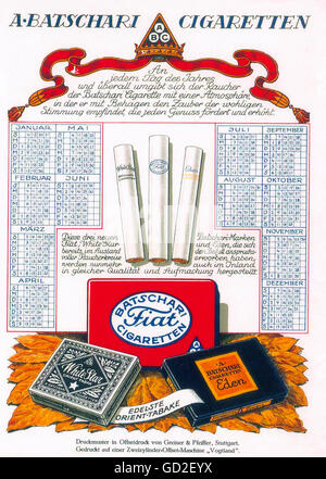 advertising, tobacco, cigarettes, A. Batschari Cigaretten, brands Fiat, White Star and Eden, poster, calendar, Greiner und Pfeiffer, Stuttgart, circa 1910, Additional-Rights-Clearences-Not Available Stock Photo