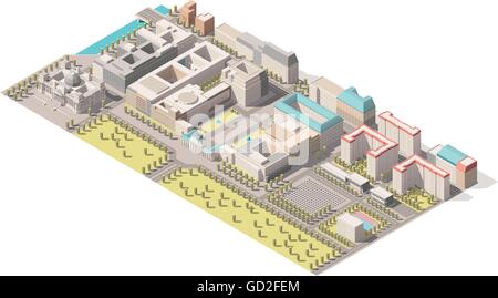 Vector Isometric infographic element representing low poly map of Berlin, Germany. Includes Reichstag building, Brandenburg gate, Holocaust memorial and nearby street buildings Stock Vector