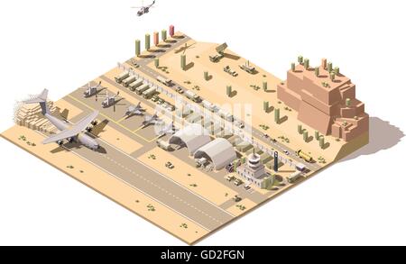 Vector isometric low poly infographic element representing map of military airport or airbase with jet fighters, helicopters, armored vehicles, structures, control tower and cargo airplane landing Stock Vector