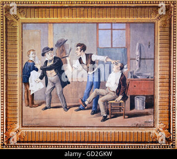 people, profession, 'Political discussion at the barber', after design by Telory, overdoor, lithograph by Levilly, 63 x 53 cm, circa 1848, German Wallpaper Museum, Kassel, Germany, Additional-Rights-Clearences-Not Available Stock Photo