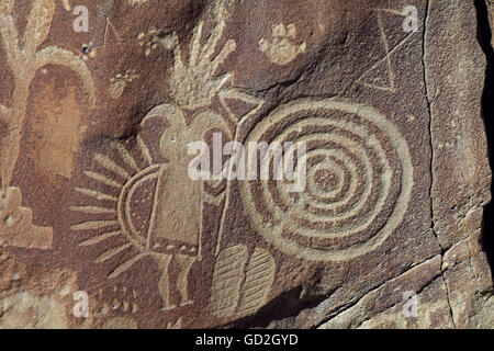 prehistory, rock drawings, Navajo deity and corn, Crow Canyon Petroglyphs, Main Panel, Dinetah Rock-Art and Pueblitos, New Mexico, USA, Anazasi, Red Indian, Indian, Red Indians, Indians, pueblo, Navaho, Diné, rock drawing, rock drawings, deity, divinity, deities, USA, United States of America, stone drawing, stone drawings, rock paintings, drawing, stone, stones, rock, rocks, historic, historical, Additional-Rights-Clearences-Not Available Stock Photo