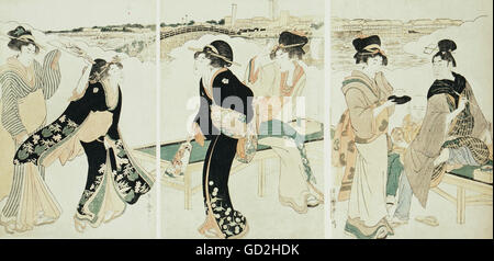 fine arts, Utamaro, Kitagawa (1753 - 1806), graphic, 'Ladies playing badminton and noble smoker', triptych, circa 1795, colour woodcut, 76 x 37,5 cm, print: Yamaguchi-ya Chusuke, private collection, Artist's Copyright has not to be cleared Stock Photo