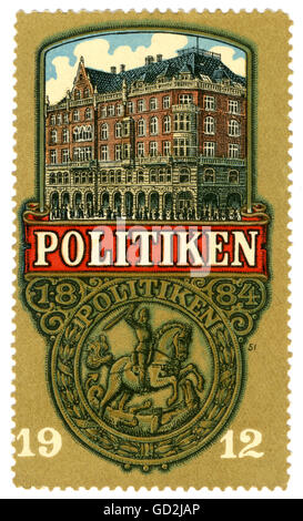 advertising, Politiken, big Danish daily, founded 1884, poster stamp, illustration with the editorial office building in the Politikens Hus, Radhuspladsen, Copenhagen, Denmark, 1912, Danish, advertising, medium, media, press, presses, print, illustration, litho, lithograph, clipping, cut out, cut-out, cut-outs, newspaper business, 1910s, 10s, 20th century, daily, daily newspaper, dailies, daily newspapers, poster stamp, poster stamps, editorial office building, buildings, Copenhagen, Kobenhavn, historic, historical, Additional-Rights-Clearences-Not Available Stock Photo