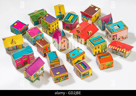 toys, American small town, houses of paperboard, foldable miniature cut-outs, folding and sticking together, USA, circa 1959, Additional-Rights-Clearences-Not Available Stock Photo