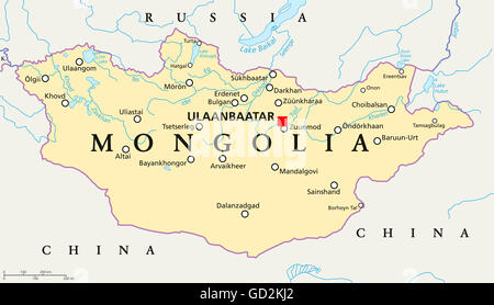 Mongolia political map with capital Ulaanbaatar, national borders, important cities, rivers and lakes. Stock Photo