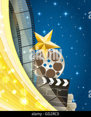 cinema background with retro filmstrip, clapper and star isolated on starry sky background Stock Photo