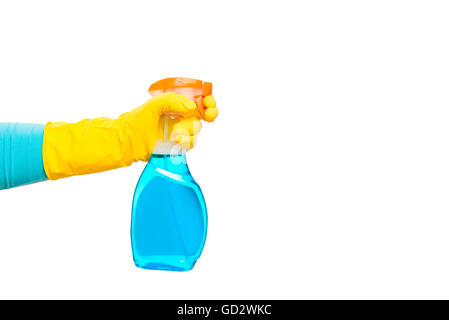 hand in yellow glove holding a spray for cleaning glasses on white background Stock Photo