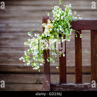 Wreath from white daisies hanging on the wooden beanch Stock Photo