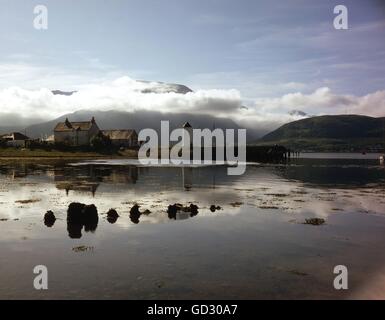 Scotland, Inverness Shire. Morning at Corpach on Loch Linnhie. Clouds slowly lifting from Ben Nevis. Circa 1985.    Scanned from Stock Photo