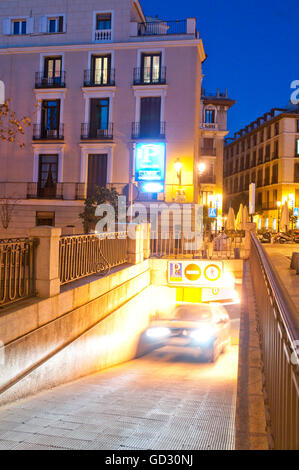 Underground car park, night view. Requena street, Madrid, Spain. Stock Photo