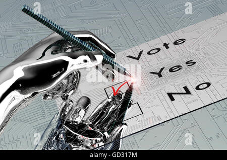 rorbot hand is voting with  digital pen, 3d illustration Stock Photo