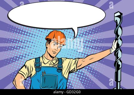Beautiful professional Builder with electric drill Stock Vector