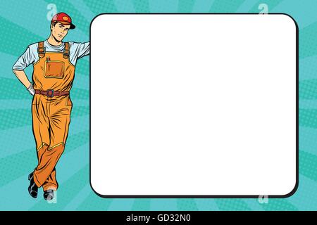Male mechanic next to the poster Stock Vector