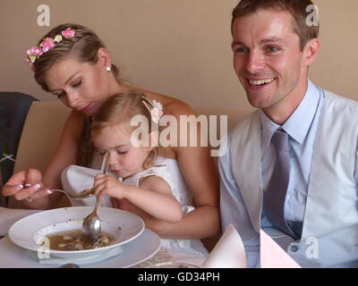 wedding reception, bride, groom, daughter, happy, happiness Stock Photo