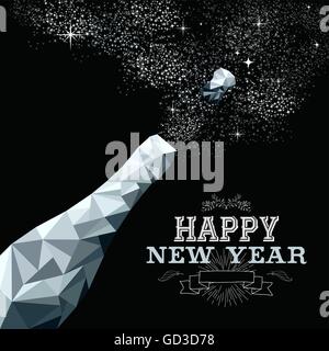 Happy new year fancy silver champagne bottle in hipster triangle low poly style. Ideal for greeting card Stock Vector
