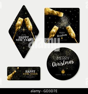 Set of merry christmas happy new year gold xmas template designs with bottle and champagne glass in low poly style. Stock Vector