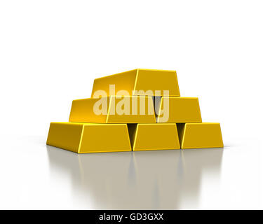 stacks of gold ingots or golden bullion bars on white background