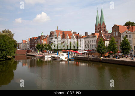 St. Mary's Church, wharf, harbour cruise, Stadt-Trave River, Hanseatic City of Luebeck, Schleswig-Holstein Stock Photo