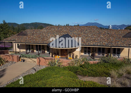 Wine tasting room at Vineyard 7 & 8 at 4028 Spring Mountain Road west of town of Saint Helena in the Napa Valley California Stock Photo