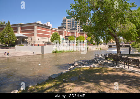Downtown Reno Nevada promenade architecture and river. Stock Photo