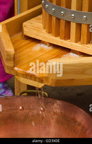 Apple cider draining from manual cider press into a copper bowl in Carnation, Washington, USA Stock Photo