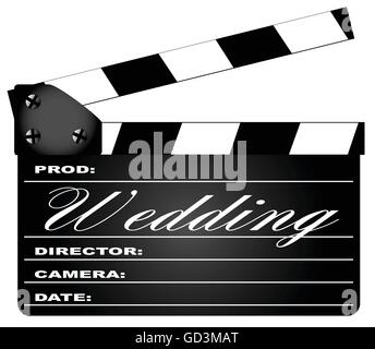 A typical movie clapperboard with the legend WEDDING isolated on white. Stock Vector