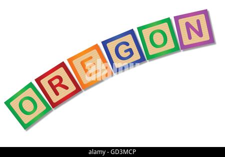 A collection of wooden block letters spelling Oregon over a white background Stock Vector