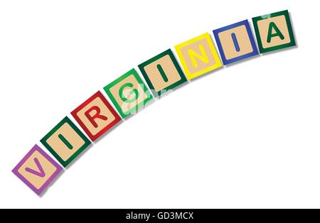 A collection of wooden block letters spelling Virginia over a white background Stock Vector