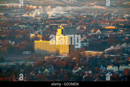 Aerial view, OLG, Higher Regional Court in the morning sun, downtown at sunrise, sunrise over Hamm, Aerial view of Hamm,, Hamm, Stock Photo