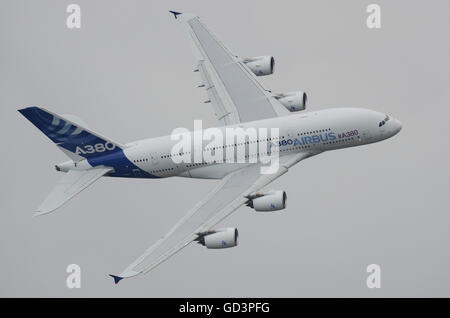 Airbus A380 prototype at Farnborough International Airshow. Airbus European consortium corporate colour scheme jet airliner plane flying Stock Photo