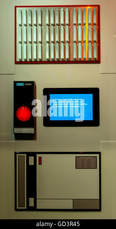 Pittsburgh, Pennsylvania, USA. 11th July, 2016. HAL 9000 is one of seven robots on display in the Robot Hall of Fame at the Carnegie Science Center. HAL 9000 is a central character in the 1969 film ''2001, A Space Odyssey.'' As the brain of the spaceship Discovery, HAL is a robot that uses the mechanical, sensing and information systems under its control, and is eventually driven ''mad'' by the responsibilities and secrets it bears. The Robot Hall of Fame is a replica tribute to the fictional robots from film and tv that helped spark the imaginations of those who would go on to create rea Stock Photo
