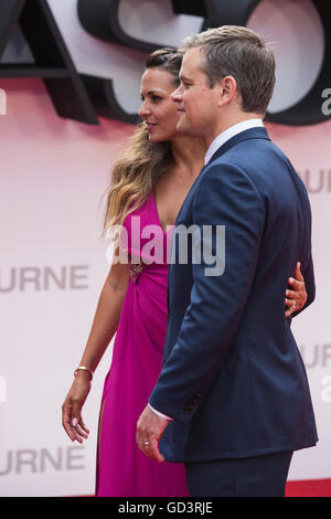 London, UK. 11 July 2016. Actor Matt Damon with wife Luciana Bozán Barroso. Red carpet arrivals for the European Premiere of the Universal movie Jason Bourne (2016) in London's Leicester Square. Credit:  Bettina Strenske/Alamy Live News Stock Photo
