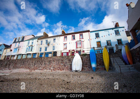 Kingsand harbour wall and Devonport Inn at sunrise, Cornwall, UK Stock Photo